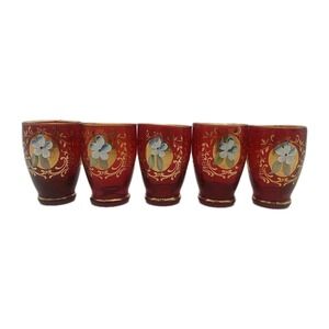 Vintage Ruby Red & Gold Gilt Glasses Hand Painted Flowers Bohemian Set Of 6
